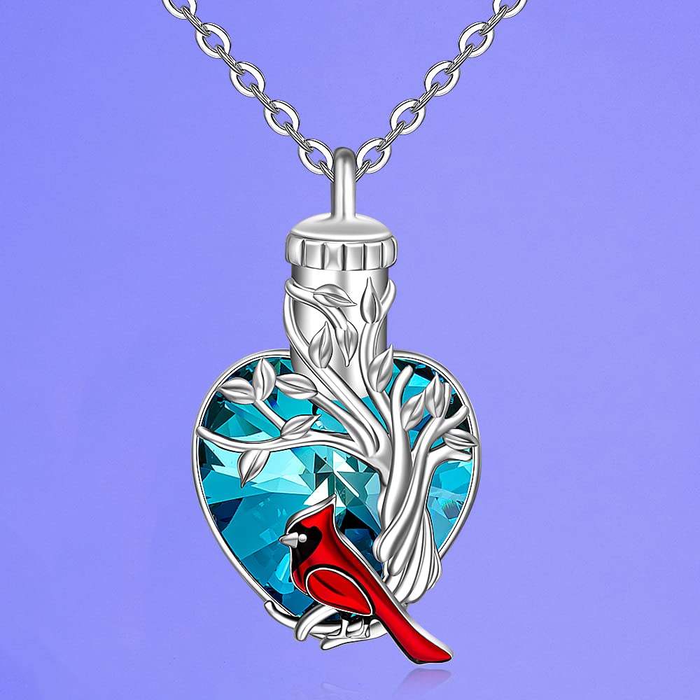 Cardinal Urn Necklace for Ashes for Women Tree of Life Cremation Urn Necklace Sterling Silver Heart Crystal Red Cardinal Memorial Keepsake Jewelry Pendant Christmas Gifts