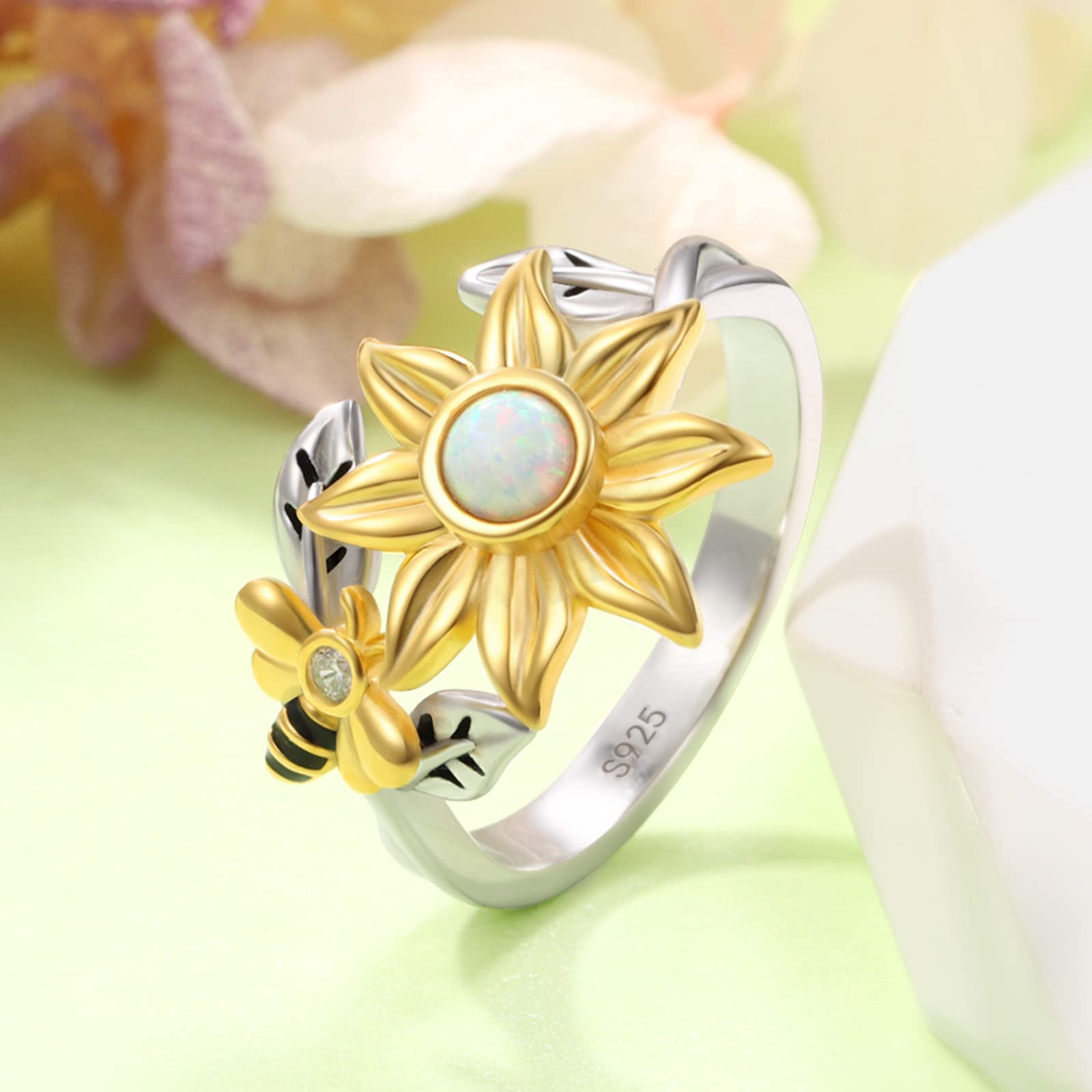 Sunflower Fidget Spin Bee Rings - 925 Sterling Silver Adjustable Open Ring Opal You are My Sunshine Ring Spinner Chrismas Mother's Day Birthday Jewery Gift for Teen Girls Women