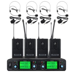 tbaxo wireless microphone system 4 channel 4 headset & 4 lavalier lapel mic 4 bodypacks dynamic mics uhf for conference meeting speech karaoke party wedding church