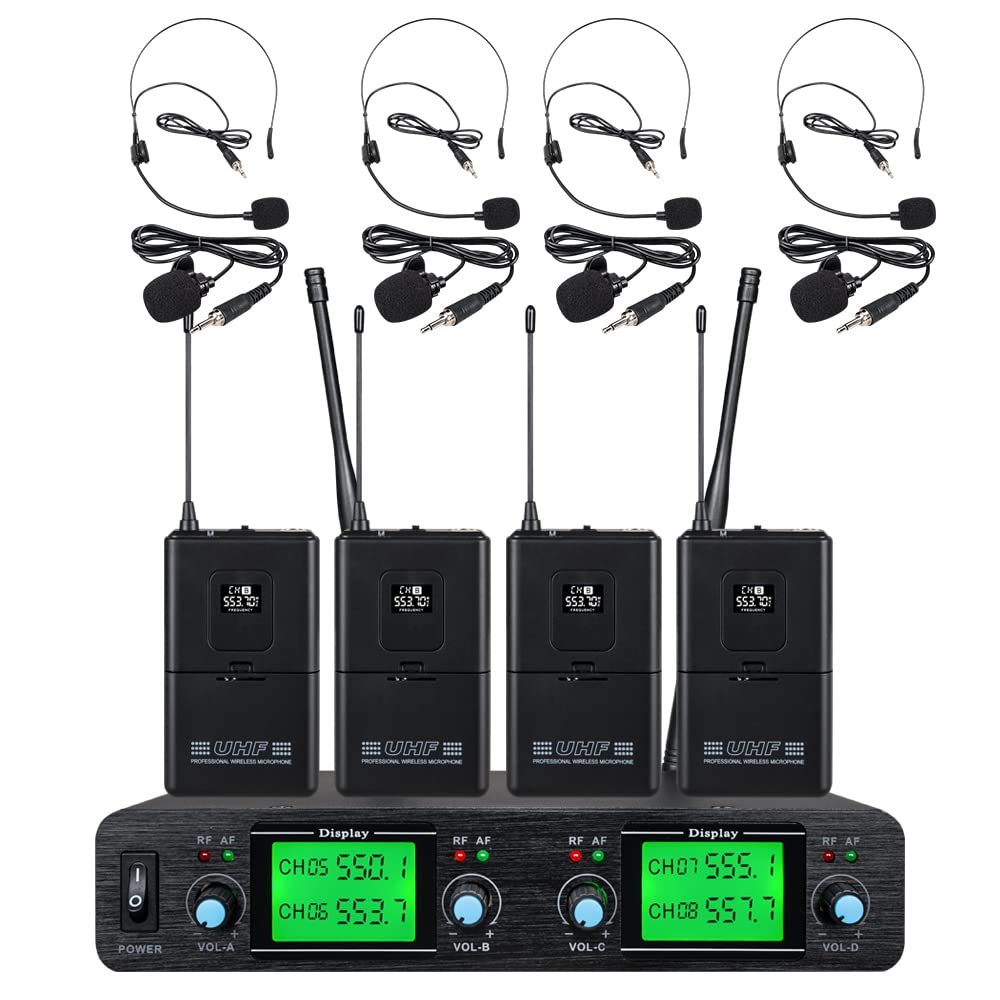 Tbaxo Wireless Microphone System 4 Channel 4 Headset & 4 Lavalier Lapel Mic 4 Bodypacks Dynamic Mics UHF for Conference Meeting Speech Karaoke Party Wedding Church