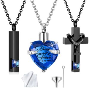 weikui 3 Pieces Heart Cross Cubic Urn Necklace for Ashes for Men Women Cremation Jewelry Crystal Memorial Locket Ashes Pendant Family Keepsake Sharing Jewelry Set (3 Black Pendants - Blue)