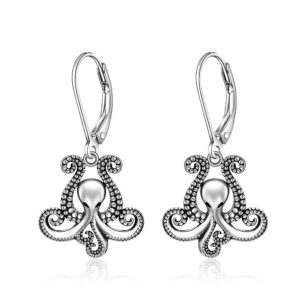 Octopus Earrings 925 Sterling Silver Tentacle Earrings Dangle Lever Back Retro Style Octopus Sea Kraken Nautical Ocean Halloween Gifts