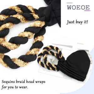 Woeoe Women's African Head Wrap Black Braid Turban Sequins Pre-Tied Head Scarf Beanie cap Headwear (black)