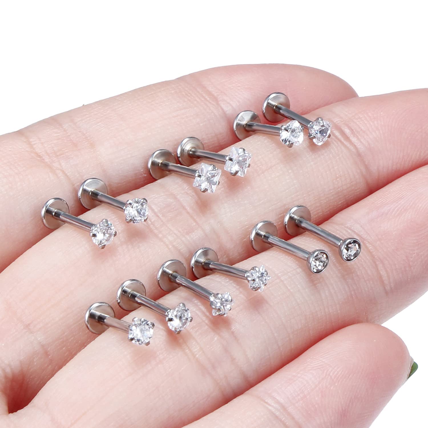 Xwnskvvz Threadless Tragus Earrings Surgical Steel Medusa Piercing Jewelry Star/Square/Round/Heart Shaped Clear CZ Labret Studs Monroe Lip Ring Helix Conch Cartilage Earrings for Women Men 16G