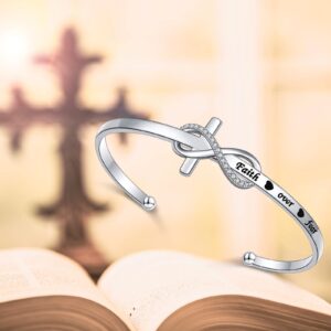 925 Sterling Silver Bible Verse Engraved Be Fearless Faith Over Fear Infinity Love Heart Cross Charm Cuff Bangle Sideways Cross Bracelet Religious Jewelry for Women Daughter Catholic