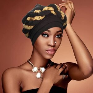 Woeoe Women's African Head Wrap Black Braid Turban Sequins Pre-Tied Head Scarf Beanie cap Headwear (black)