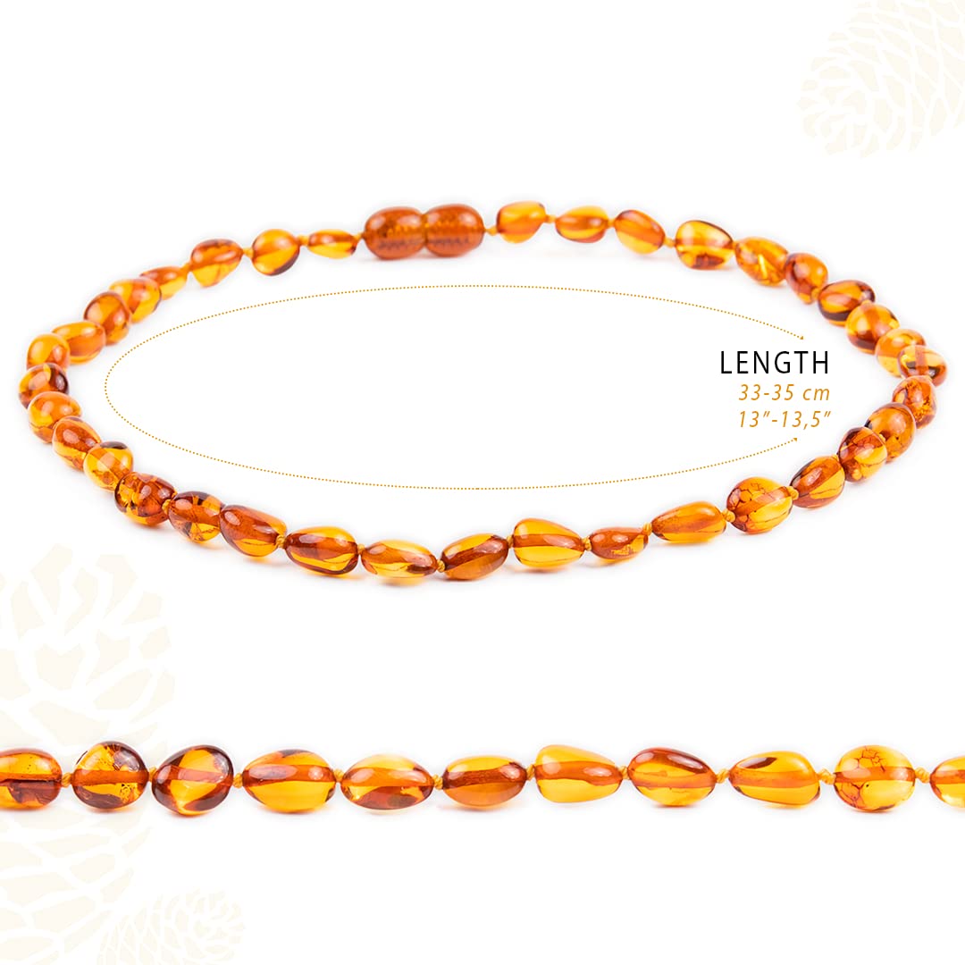 Amber Necklace - 100% Authentic Amber (Rich Honey, 13.5 inches), Certified Amber Necklace with Safety Clasp and Knotted Beads