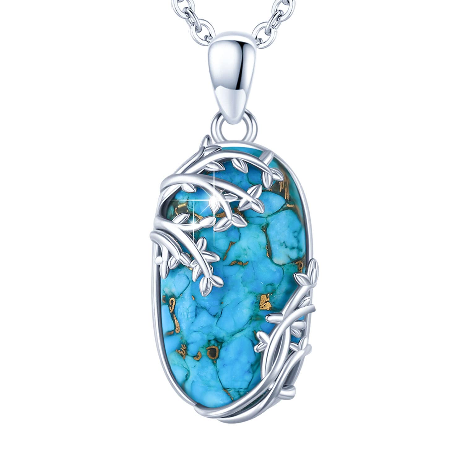 AOVEAO Oval Turquoise Life Of tree Necklace for Women S925 Sterling Silver Family Tree Necklace Lucky Turquoise Jewelry