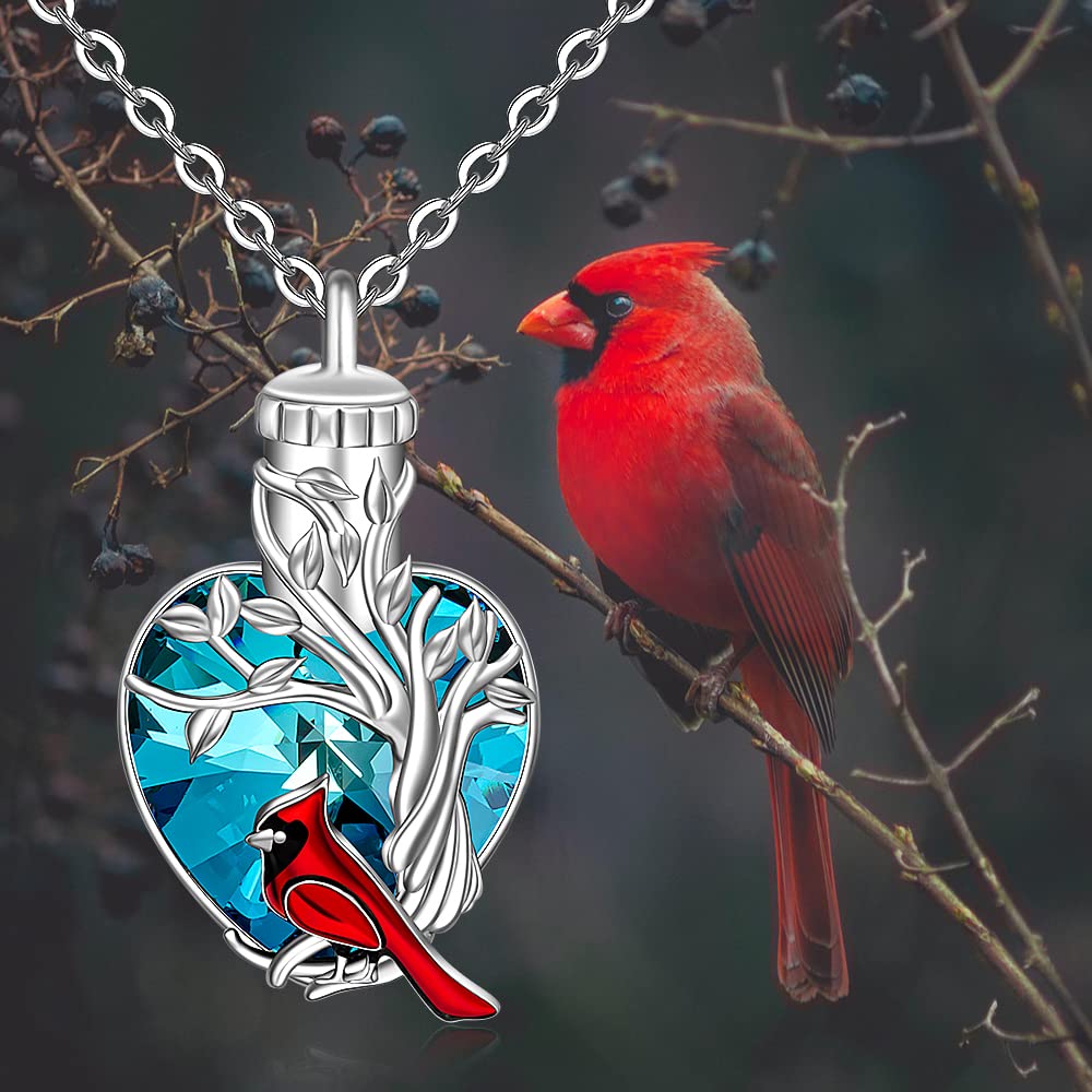 Cardinal Urn Necklace for Ashes for Women Tree of Life Cremation Urn Necklace Sterling Silver Heart Crystal Red Cardinal Memorial Keepsake Jewelry Pendant Christmas Gifts