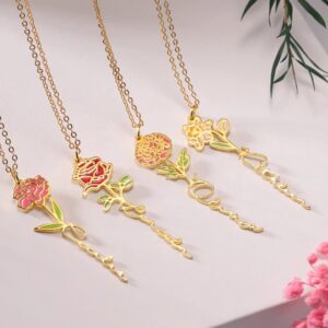 EVER2000 Birth Flower Name Necklace Personalized, Custom Engraved Floral Pendant Necklace Customized Birth Flower Pendant Necklace With Name For Women