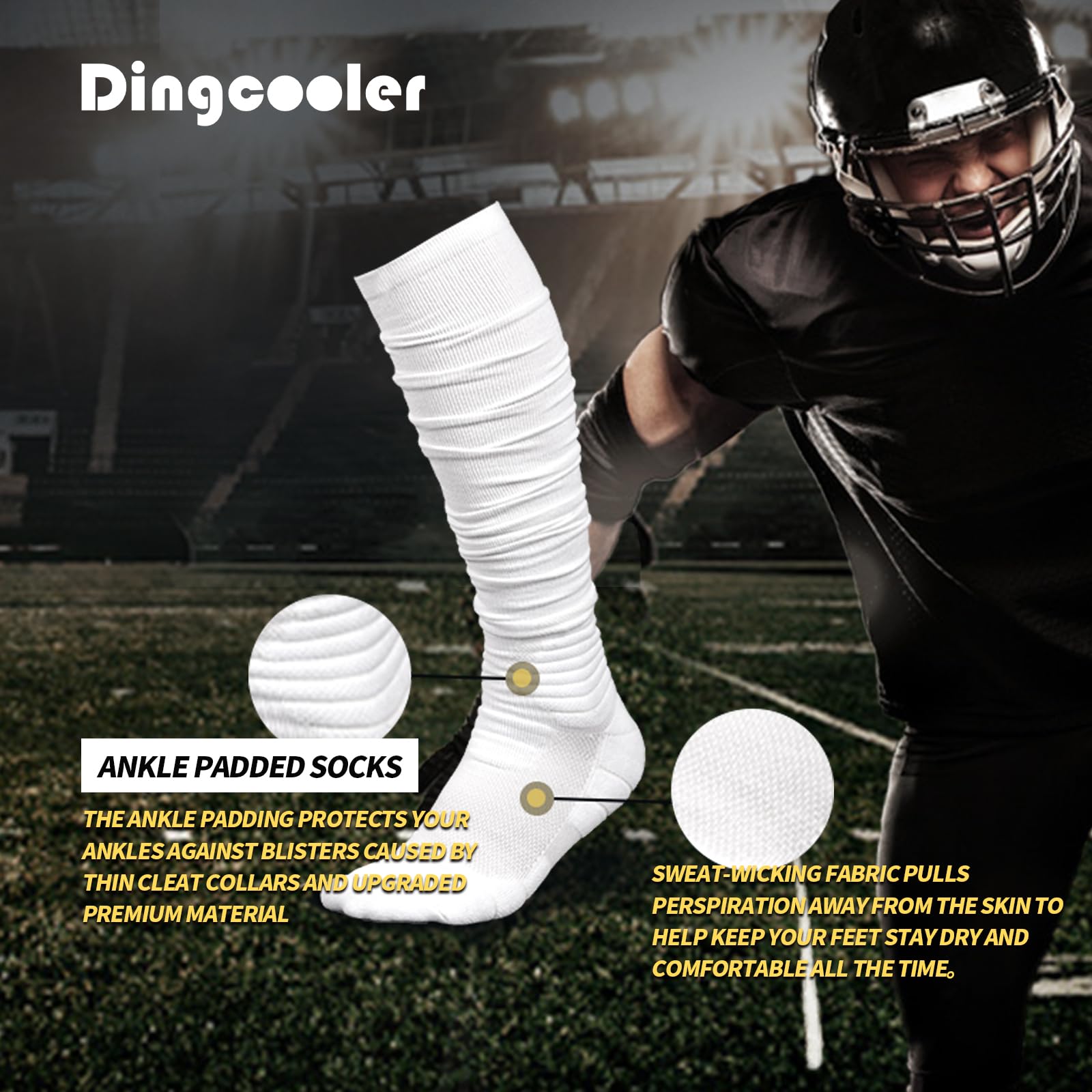 Dingcooler Scrunch Football Socks 2 Pack, Extra Long Padded Athletic Socks for Men & Women