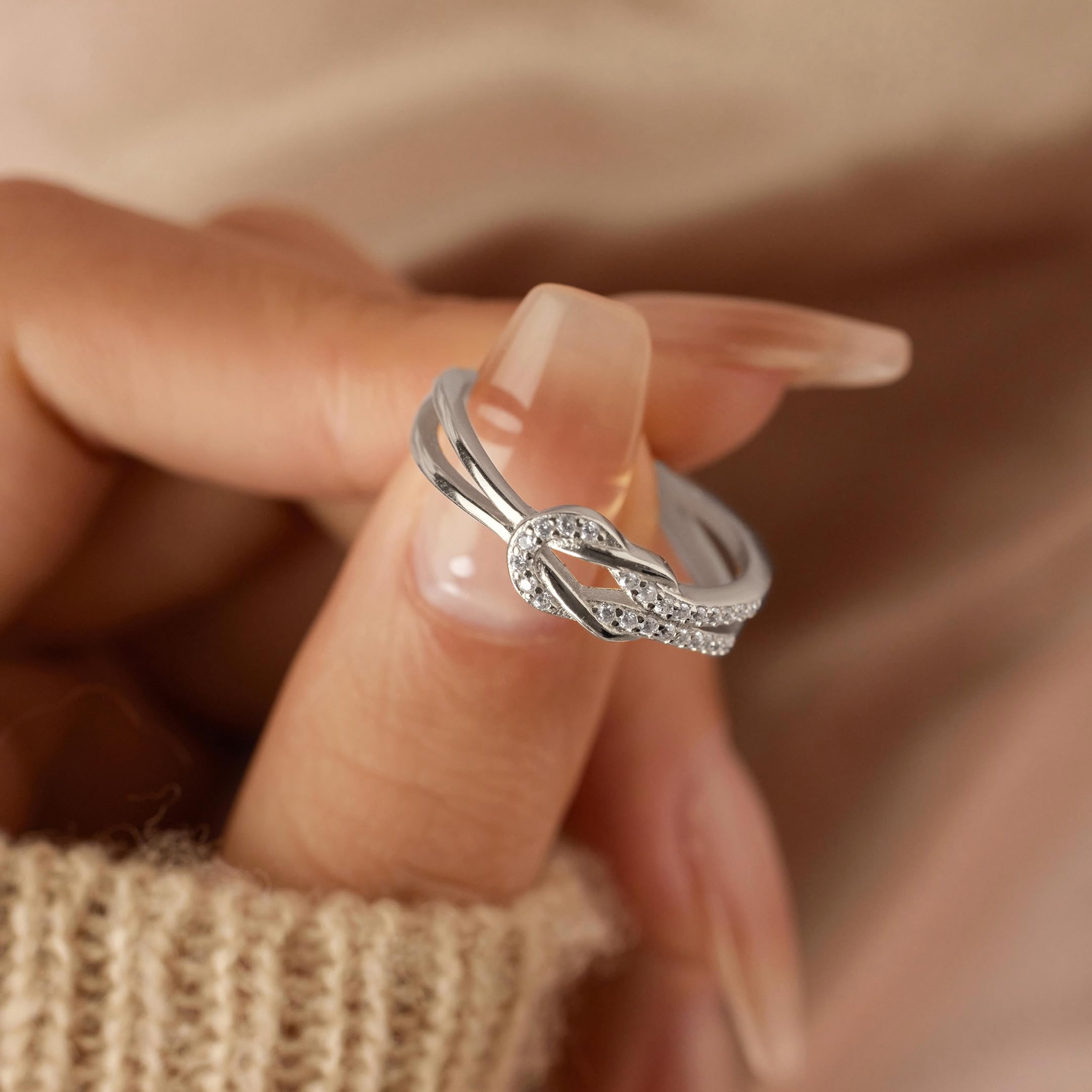 KIFUTENG Mother Daughter Rings Best Friend Knot Rings 925 Sterling Silver Knot Ring Dainty CZs Stacking Square Ring Bands for Women Valentine's Day Gifts Jewelry Size 5-10 (Silver, 7)