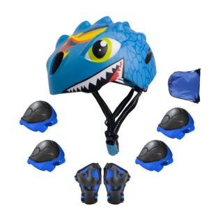 Toddler Helmet Kids Bike Helmet for 2 3 4 5 6 7 8 Years Old Girls with 3D Dinosaur Design Protective Gear Set and Safety Certified, Toddler Bike Cycling Skating Skateboard Scooter Helmet (Blue)