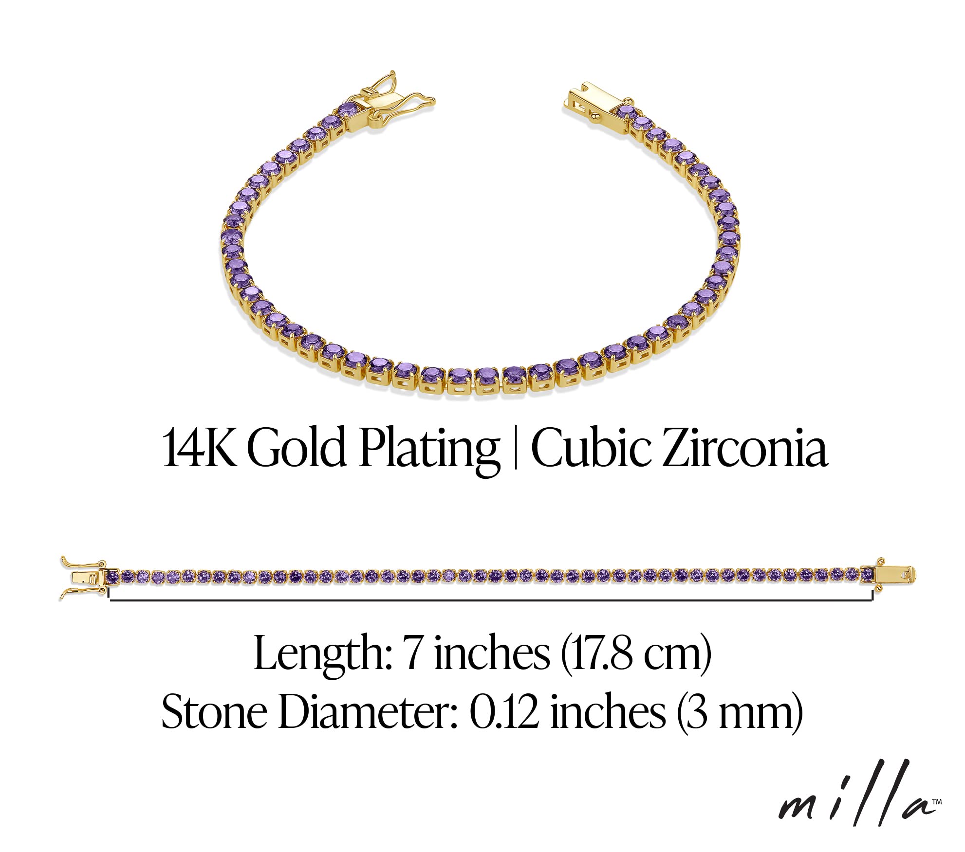 Milla Cubic Zirconia Tennis Bracelets for Women - 14K Gold Plated Bracelets for Women - Purple Bracelets, Green Bracelets, Red Bracelets for Women & More (Purple - 7 inches)