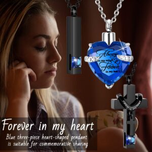 weikui 3 Pieces Heart Cross Cubic Urn Necklace for Ashes for Men Women Cremation Jewelry Crystal Memorial Locket Ashes Pendant Family Keepsake Sharing Jewelry Set (3 Black Pendants - Blue)