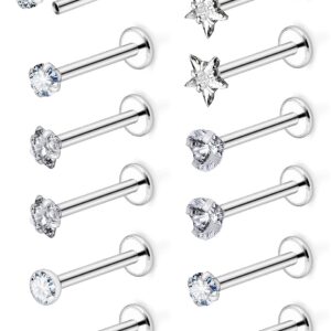 Xwnskvvz Threadless Tragus Earrings Surgical Steel Medusa Piercing Jewelry Star/Square/Round/Heart Shaped Clear CZ Labret Studs Monroe Lip Ring Helix Conch Cartilage Earrings for Women Men 16G