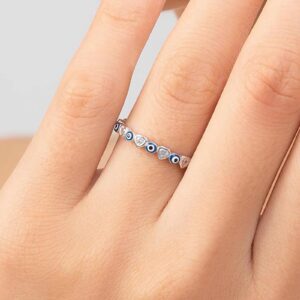 KIFUTENG Evil Eye Ring, 925 Sterling Silver Zirconia Heart Blue Evil Eye Ring Band for Women Lucky Statement Jewelry Gifts Size 5-10 (Silver, 7)