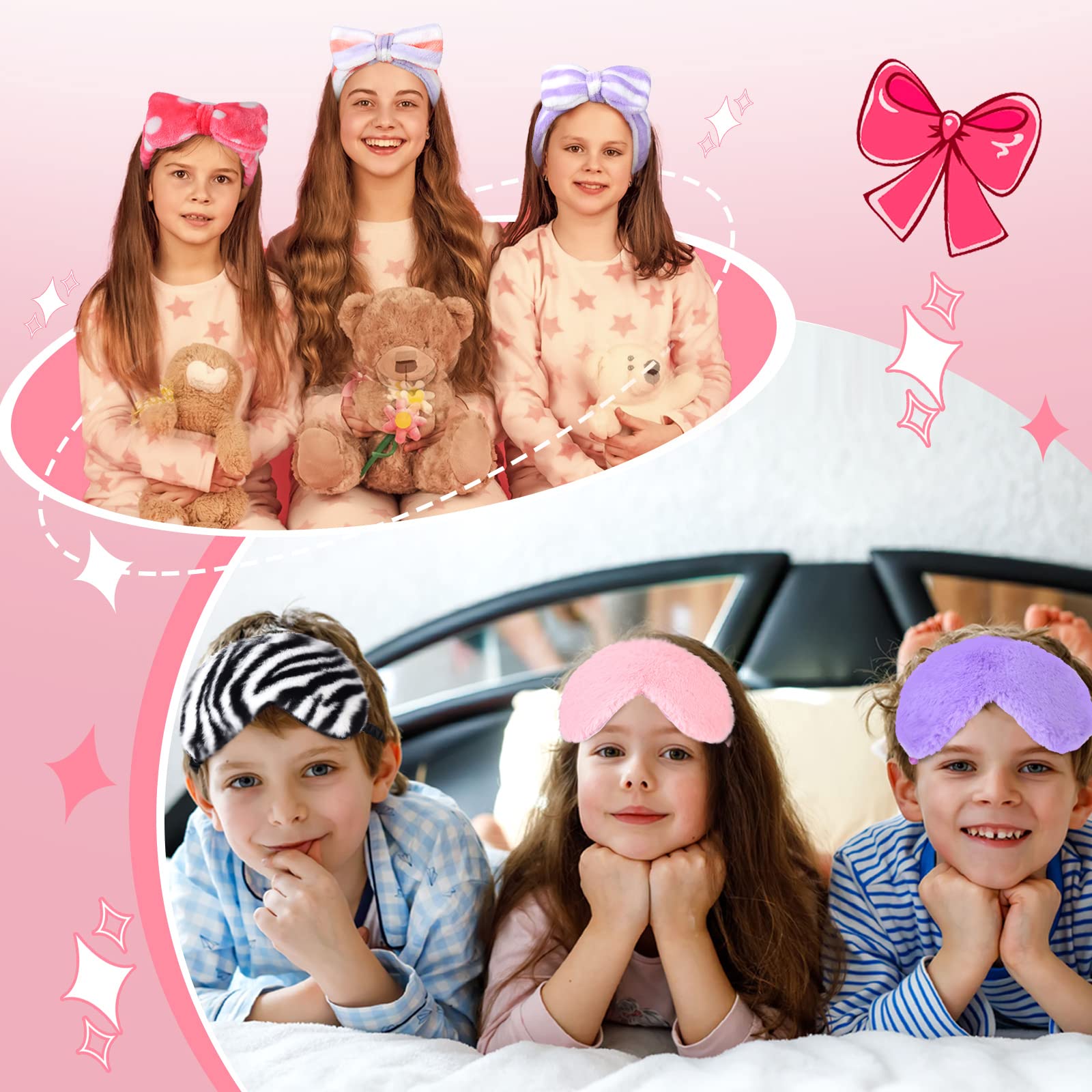 Newcotte 24 Pcs Sleepover Party Supplies: 12 Plush Eye Masks, 12 Hair Bands with Bows, Faux Fur Headbands for Girls and Women (Colorful Style)