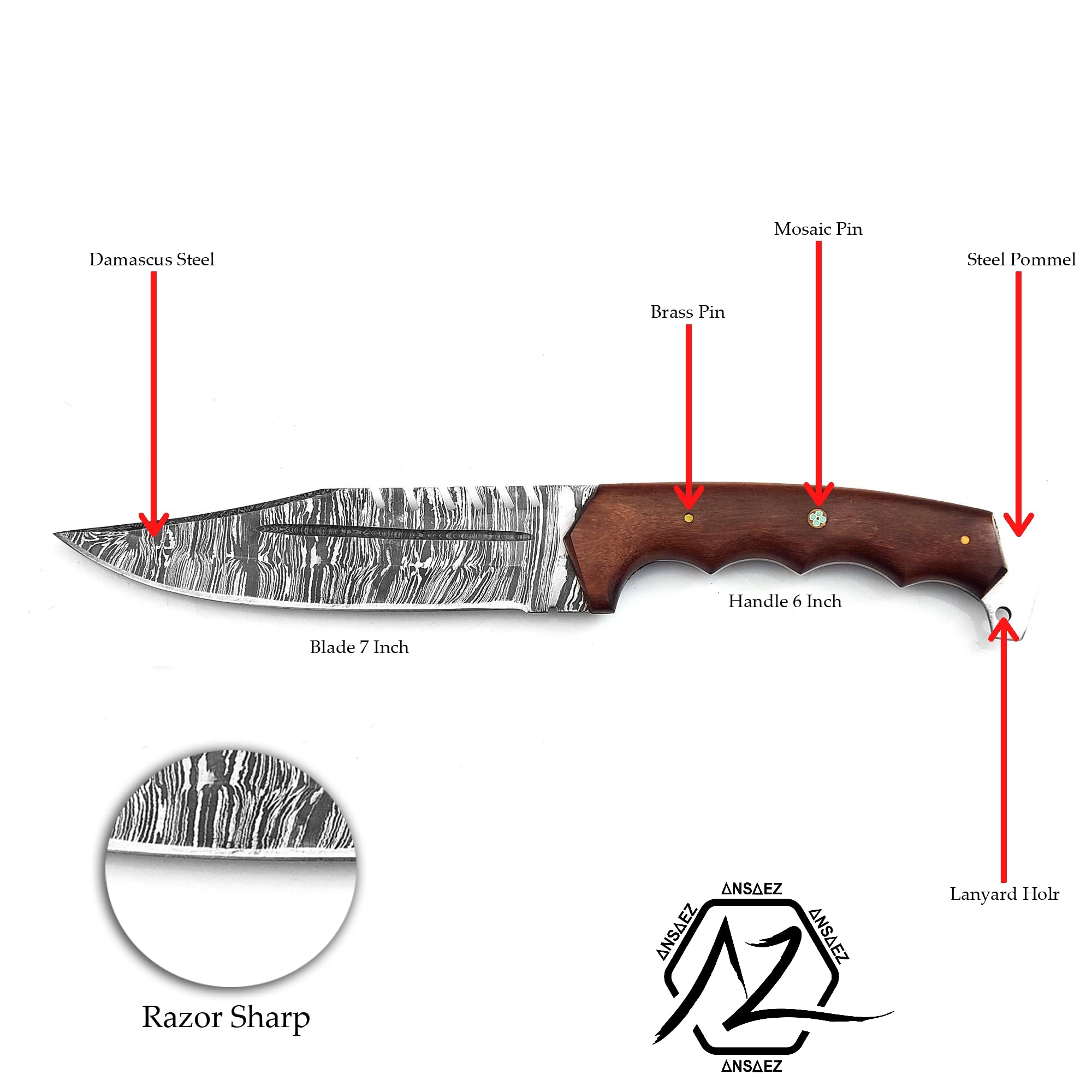 ZEASNA ZE-HK-55 Handmade Damascus Hunting Knife with Leather Sheath for Outdoor Skinning Camping Fixed Blade Bowie Knife with Sheath Razor Sharp Damascus Steel Knives for Men