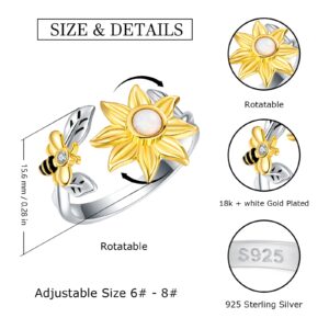 Sunflower Fidget Spin Bee Rings - 925 Sterling Silver Adjustable Open Ring Opal You are My Sunshine Ring Spinner Chrismas Mother's Day Birthday Jewery Gift for Teen Girls Women