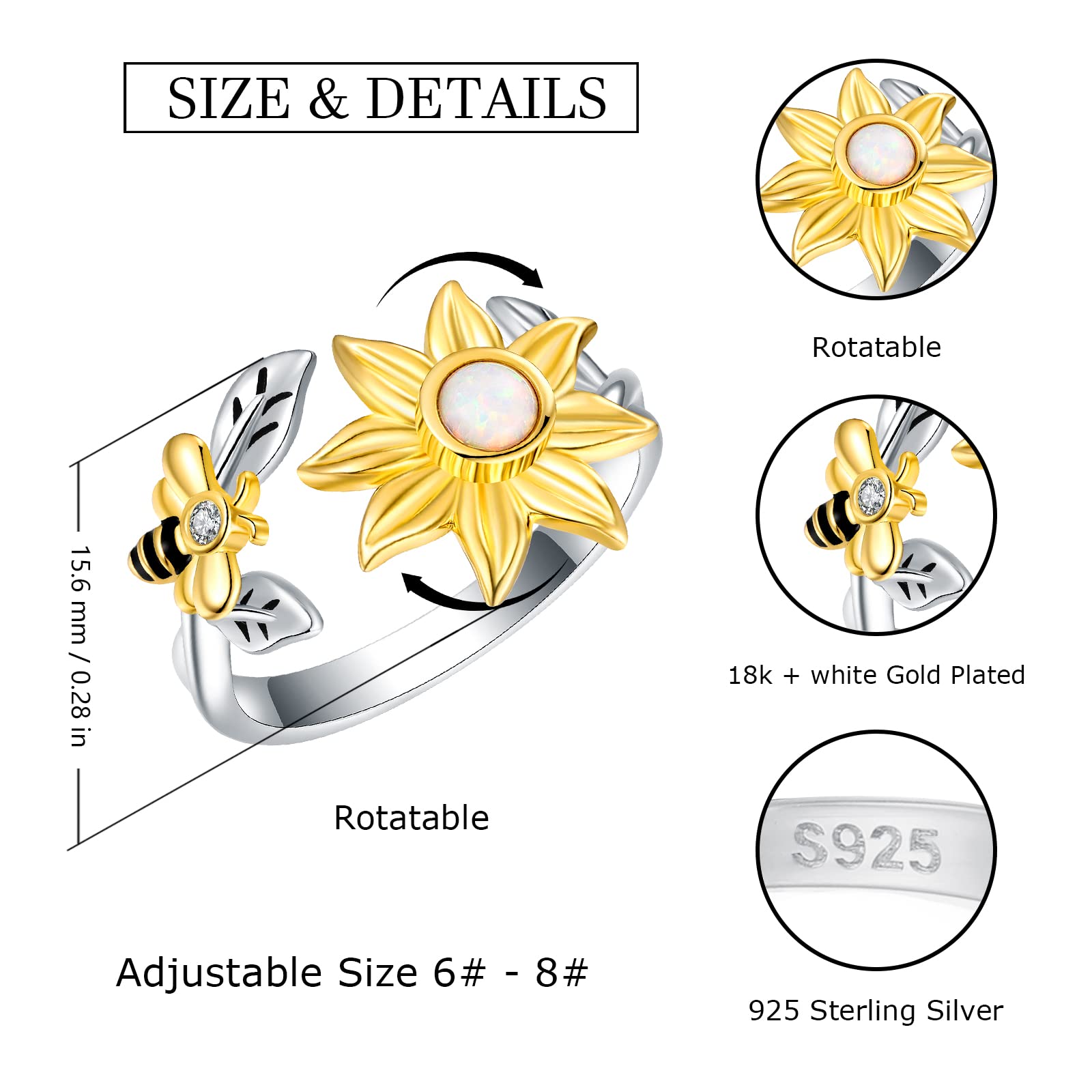 Sunflower Fidget Spin Bee Rings - 925 Sterling Silver Adjustable Open Ring Opal You are My Sunshine Ring Spinner Chrismas Mother's Day Birthday Jewery Gift for Teen Girls Women