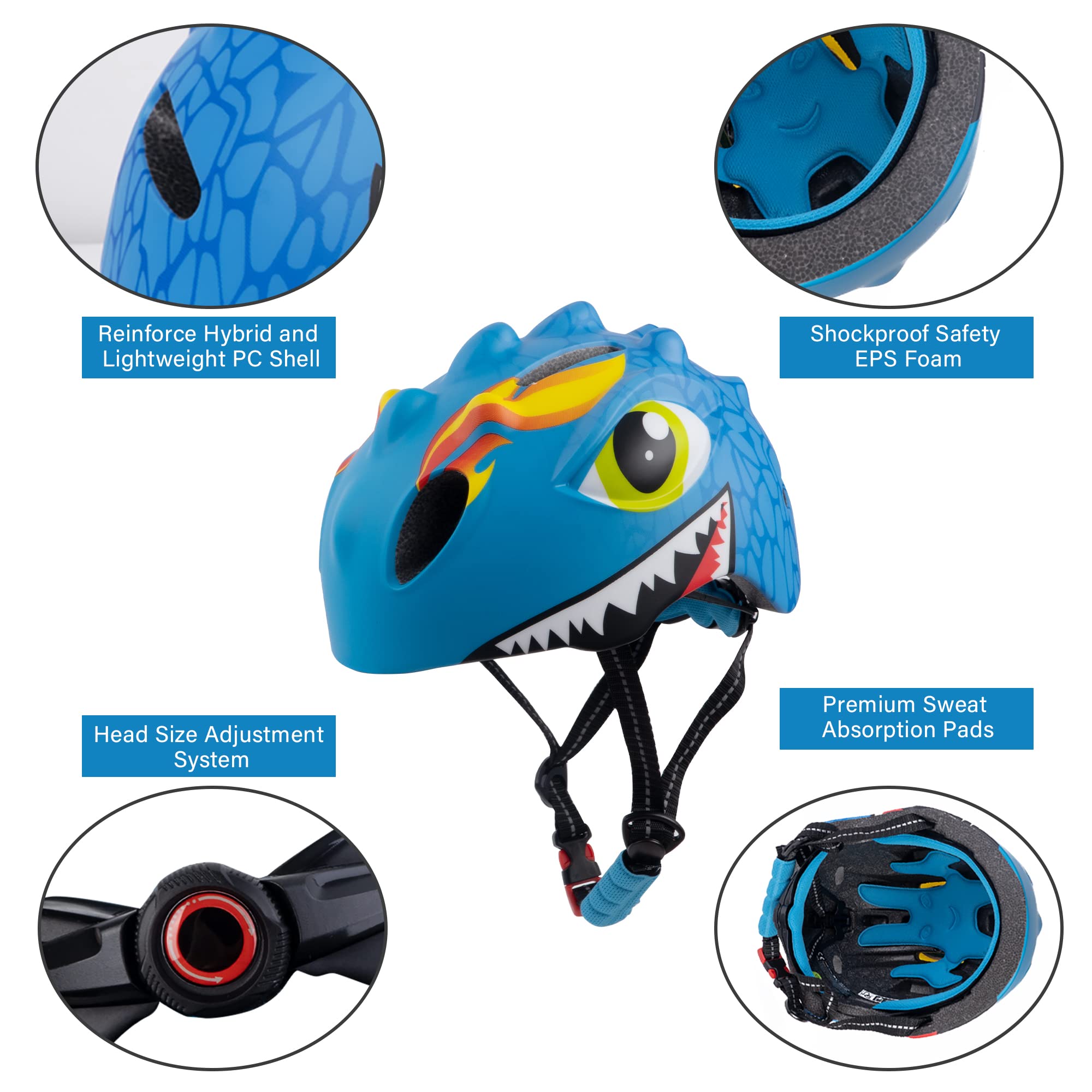 Toddler Helmet Kids Bike Helmet for 2 3 4 5 6 7 8 Years Old Girls with 3D Dinosaur Design Protective Gear Set and Safety Certified, Toddler Bike Cycling Skating Skateboard Scooter Helmet (Blue)