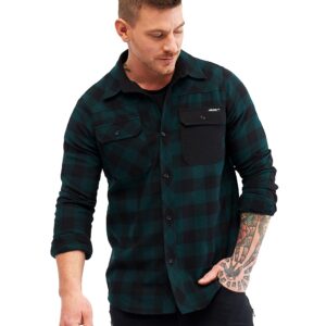 RevolutionRace Men's Campfire Shirt, Durable Flannel Shirt, Great for Fishing, Hiking and Other Outdoor Acitvities, Black/Deep Teal, 2XL