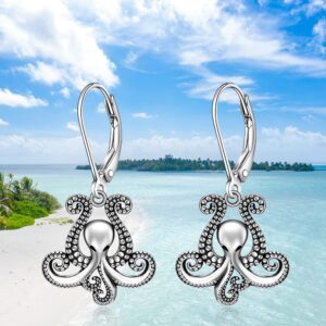 Octopus Earrings 925 Sterling Silver Tentacle Earrings Dangle Lever Back Retro Style Octopus Sea Kraken Nautical Ocean Halloween Gifts