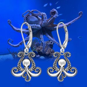 Octopus Earrings 925 Sterling Silver Tentacle Earrings Dangle Lever Back Retro Style Octopus Sea Kraken Nautical Ocean Halloween Gifts