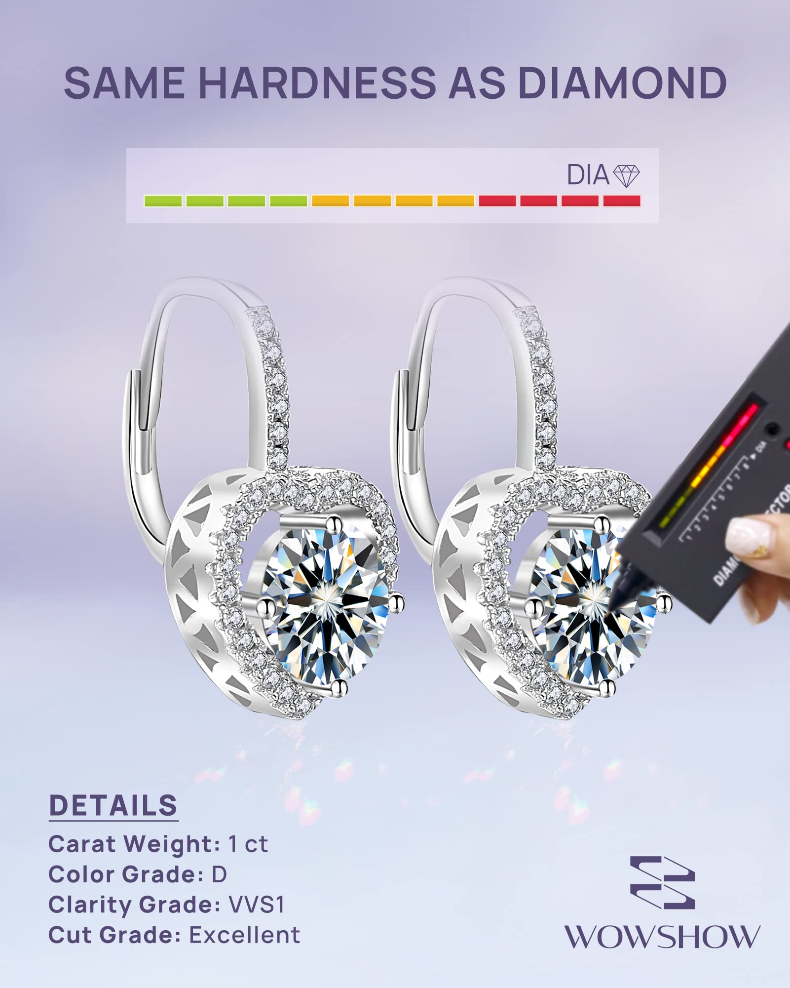 wowshow Moissanite Earrings 925 Sterling Silver Dangle Earrings 2ct Moissanite Drop Earrings White Gold Plated Leverback Diamond Earrings for Women Birthday Mothers Day Gifts