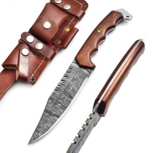 ZEASNA ZE-HK-55 Handmade Damascus Hunting Knife with Leather Sheath for Outdoor Skinning Camping Fixed Blade Bowie Knife with Sheath Razor Sharp Damascus Steel Knives for Men