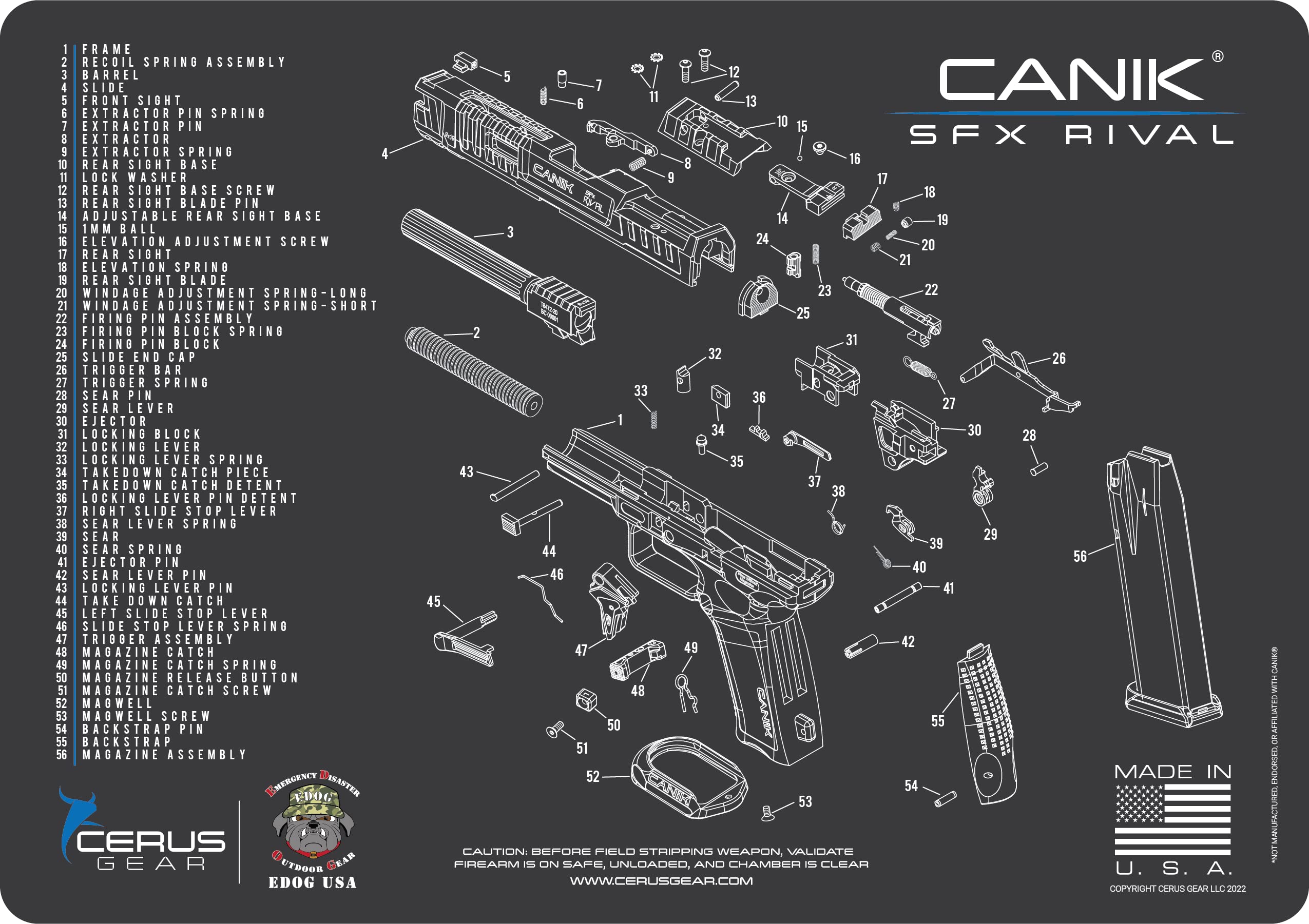 EDOG SFX Rival Gun Cleaning Mat - Schematic (Exploded View) Diagram Compatible with Canik SFX Rival Pistol 3 mm Padded Pad Protect Your Firearm Magazines Bench Table Top Oil Solvent Resistant, BLACK