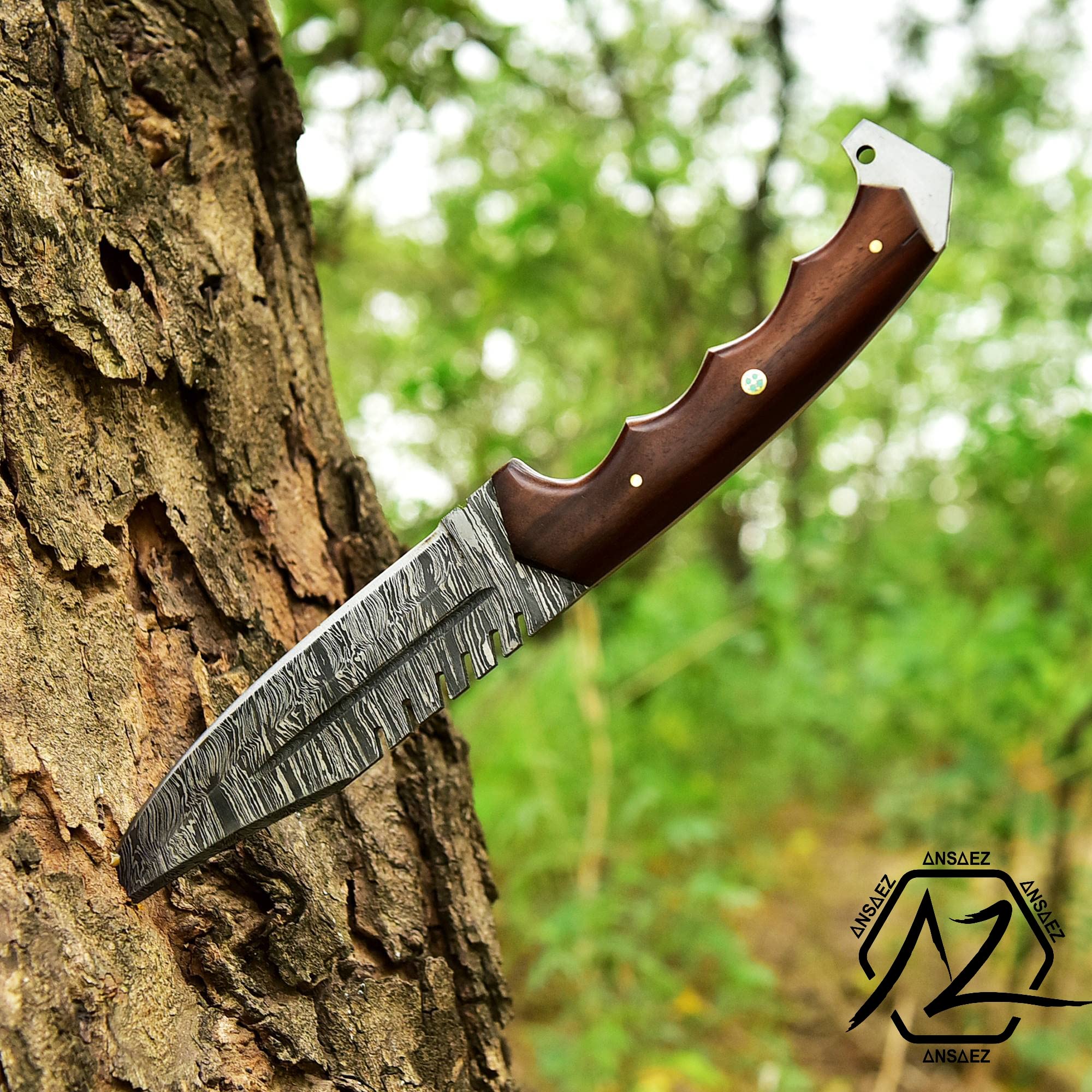 ZEASNA ZE-HK-55 Handmade Damascus Hunting Knife with Leather Sheath for Outdoor Skinning Camping Fixed Blade Bowie Knife with Sheath Razor Sharp Damascus Steel Knives for Men