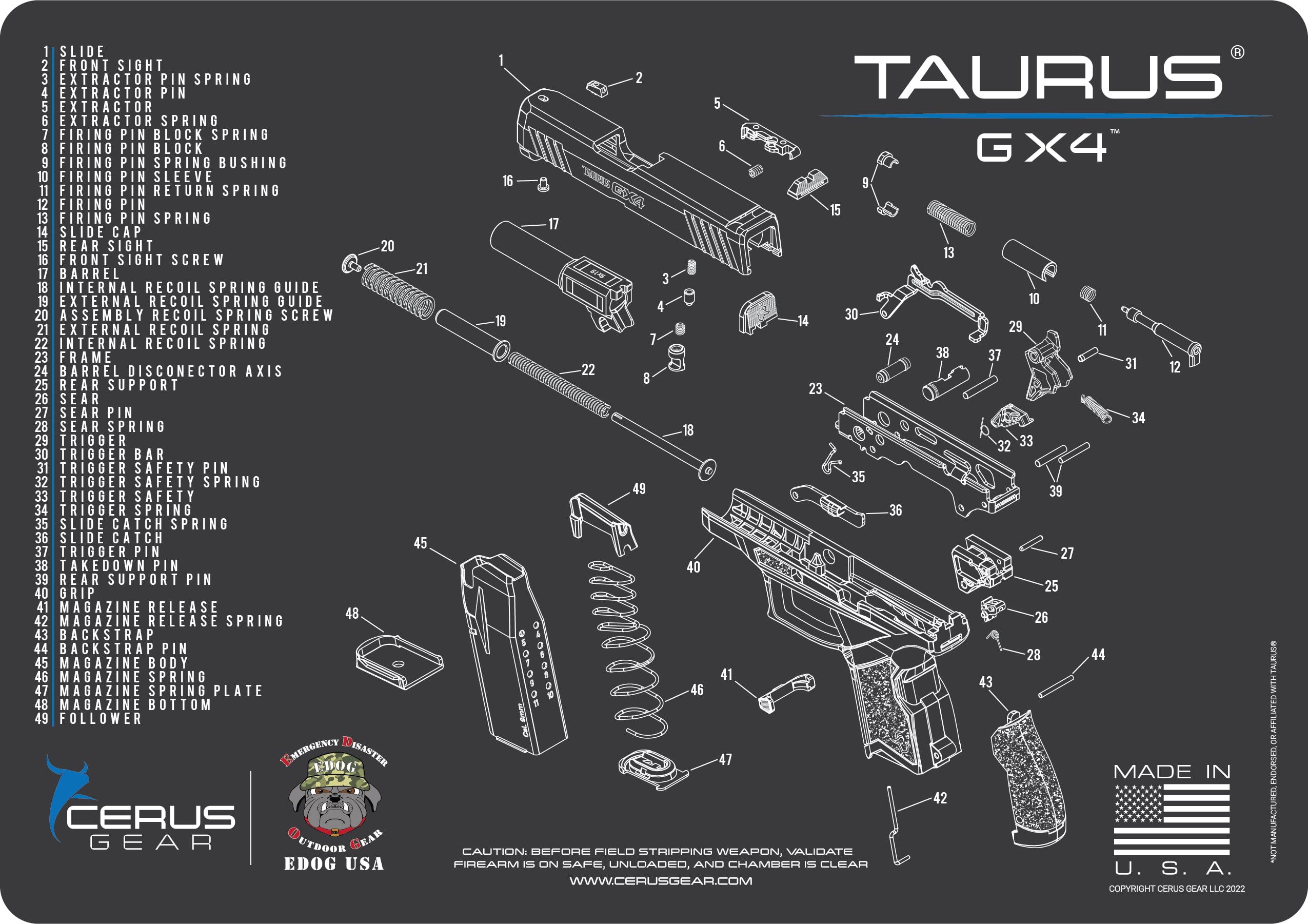 EDOG GX4 Gun Cleaning Mat - Schematic (Exploded View) Diagram Compatible with Taurus GX4 Series Pistol 3 mm Padded Pad Protect Your Firearm Magazines Bench Surfaces Gun Oil Solvent Resistant, BLACK