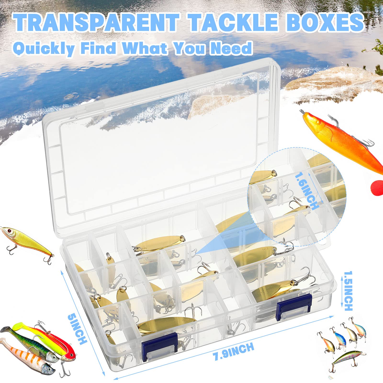 6 Pcs Transparent Fish Tackle Boxes Plastic Fish Tackle Storage Organizer Box with Removable Dividers Clear Fish Tackle Trays Organizer Box for Fishing Lure Storage