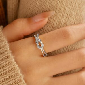 KIFUTENG Mother Daughter Rings Best Friend Knot Rings 925 Sterling Silver Knot Ring Dainty CZs Stacking Square Ring Bands for Women Valentine's Day Gifts Jewelry Size 5-10 (Silver, 7)