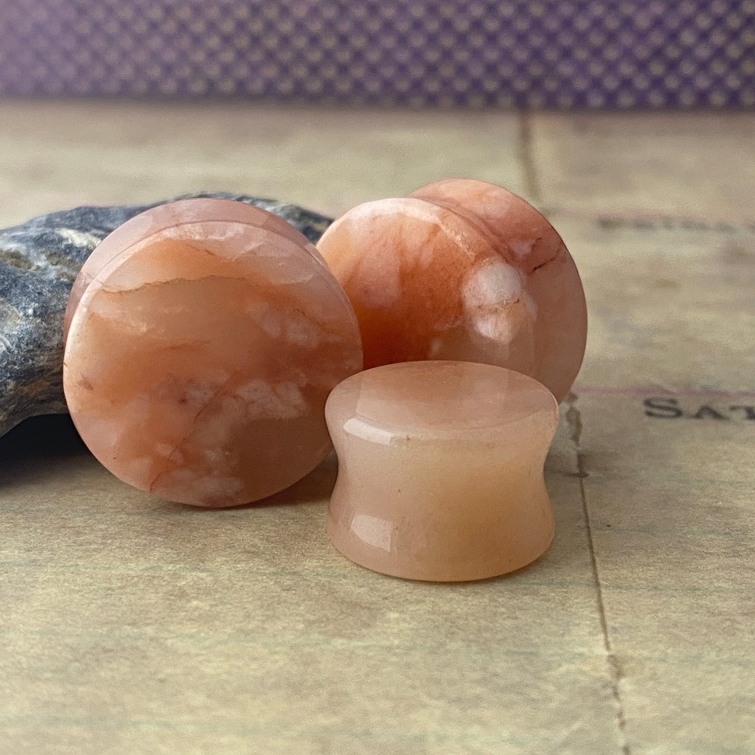 Pair of Peach Morganite Stone Double Flare Plugs (STN-716) (1" (25mm))