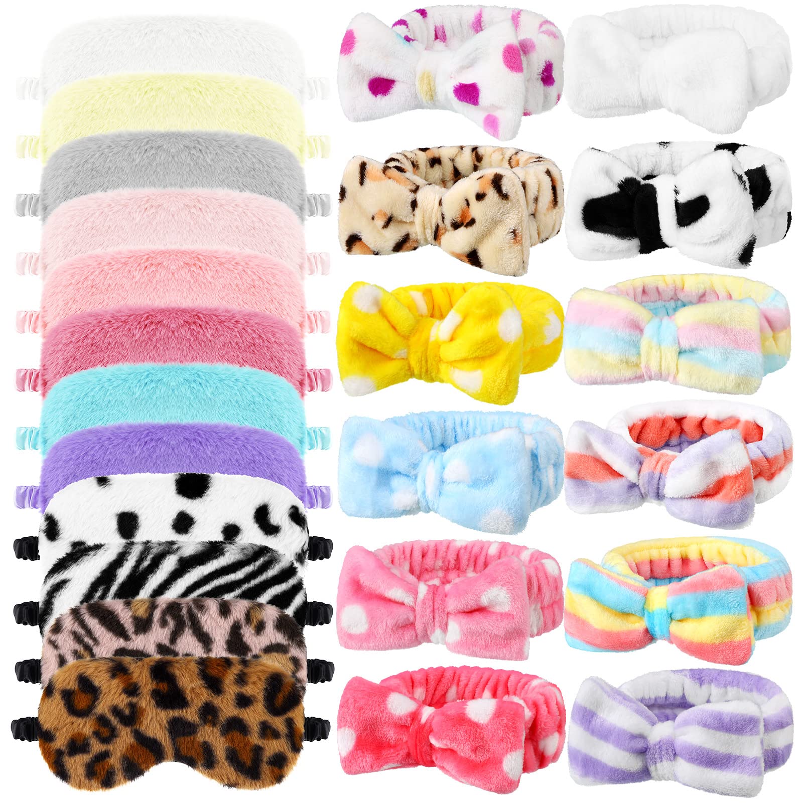 Newcotte 24 Pcs Sleepover Party Supplies: 12 Plush Eye Masks, 12 Hair Bands with Bows, Faux Fur Headbands for Girls and Women (Colorful Style)