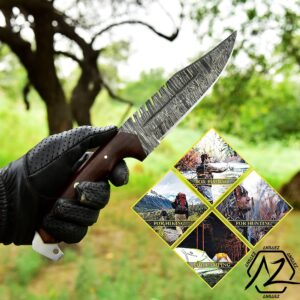 ZEASNA ZE-HK-55 Handmade Damascus Hunting Knife with Leather Sheath for Outdoor Skinning Camping Fixed Blade Bowie Knife with Sheath Razor Sharp Damascus Steel Knives for Men