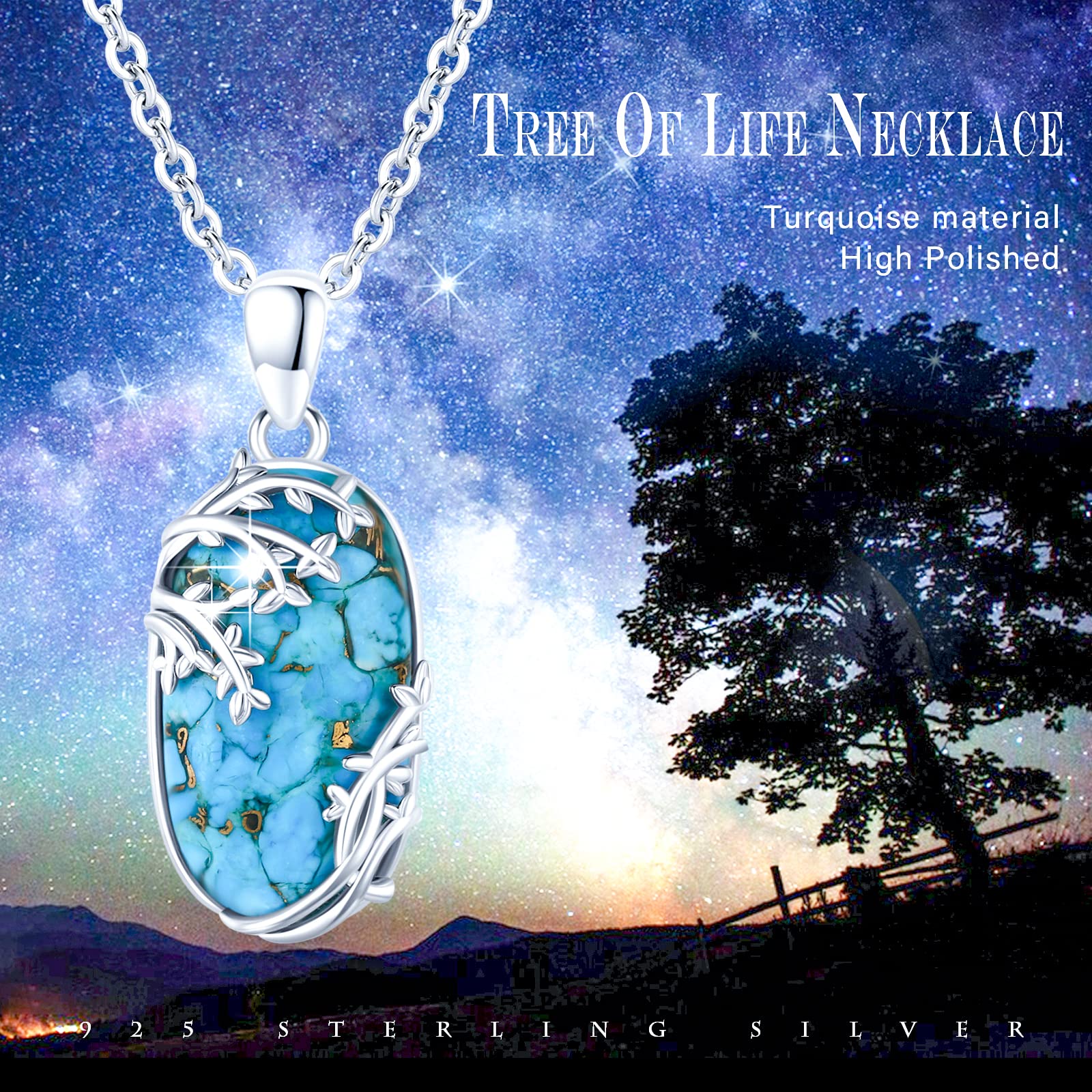 AOVEAO Oval Turquoise Life Of tree Necklace for Women S925 Sterling Silver Family Tree Necklace Lucky Turquoise Jewelry