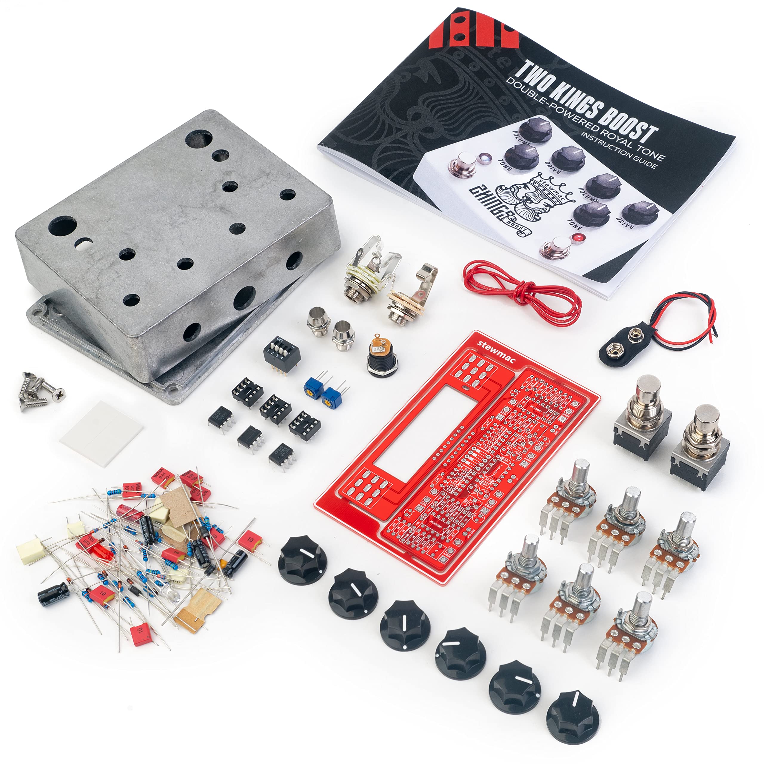 StewMac Two Kings Boost Pedal Kit With Bare Enclosure, 9 Volt Battery and DC Powered, Based on the King Of Tone