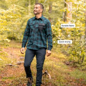 RevolutionRace Men's Campfire Shirt, Durable Flannel Shirt, Great for Fishing, Hiking and Other Outdoor Acitvities, Black/Deep Teal, 2XL