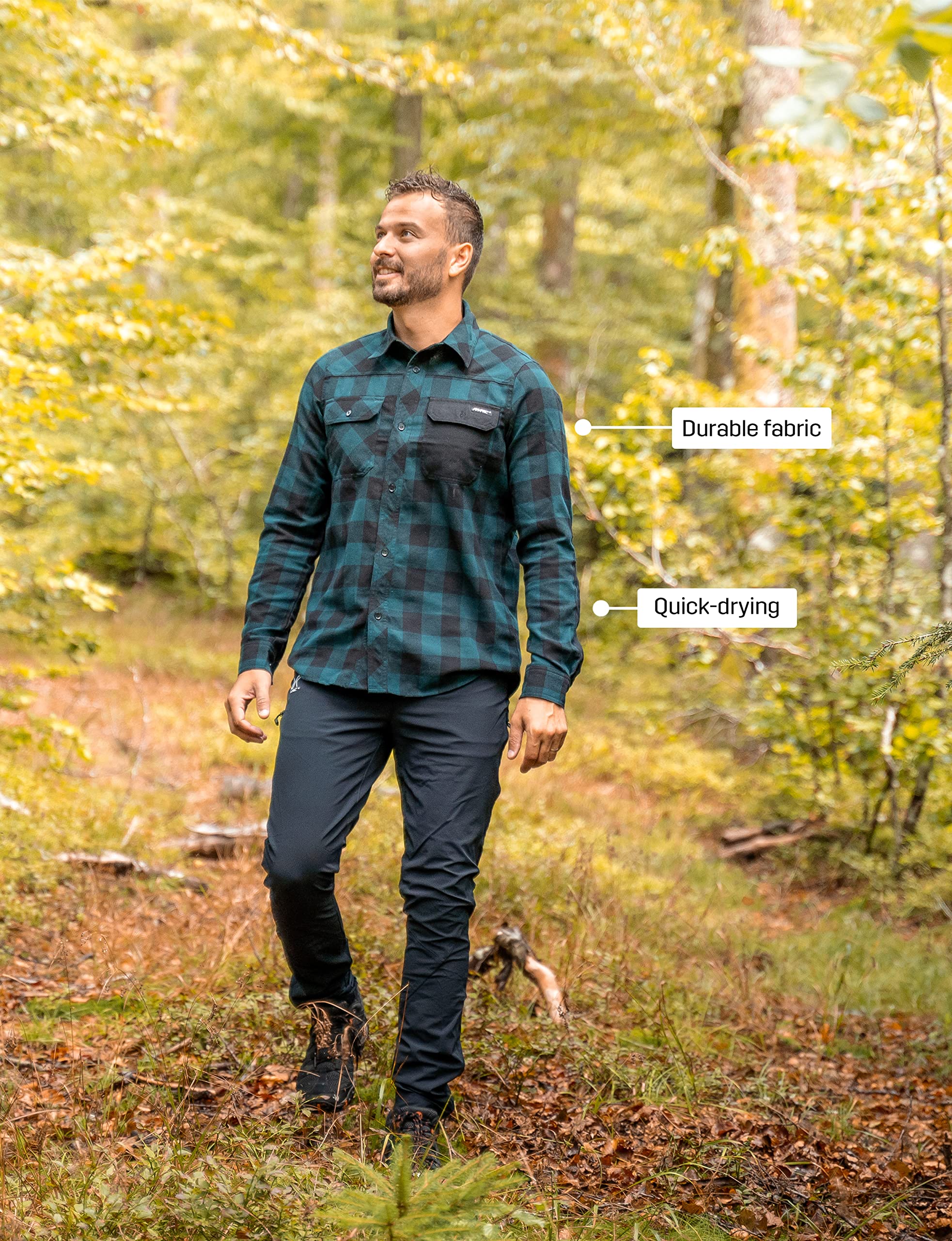 RevolutionRace Men's Campfire Shirt, Durable Flannel Shirt, Great for Fishing, Hiking and Other Outdoor Acitvities, Black/Deep Teal, 2XL