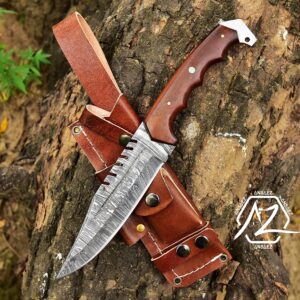 ZEASNA ZE-HK-55 Handmade Damascus Hunting Knife with Leather Sheath for Outdoor Skinning Camping Fixed Blade Bowie Knife with Sheath Razor Sharp Damascus Steel Knives for Men