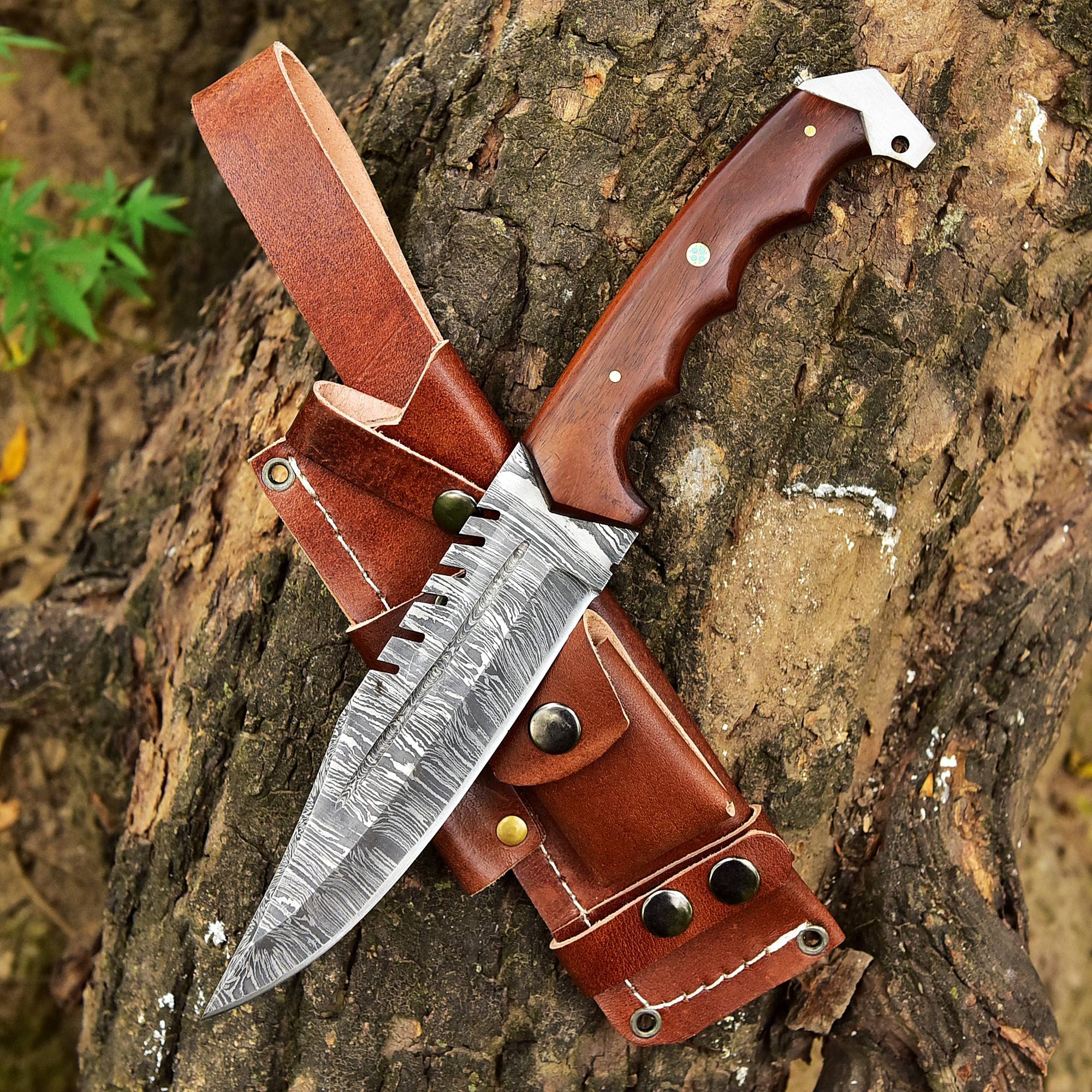 ZEASNA ZE-HK-55 Handmade Damascus Hunting Knife with Leather Sheath for Outdoor Skinning Camping Fixed Blade Bowie Knife with Sheath Razor Sharp Damascus Steel Knives for Men