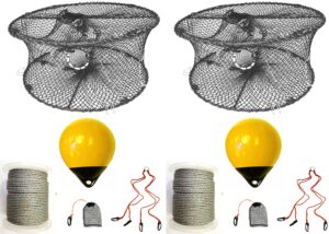 2-pack of kufa sports foldable prawn trap (stretched mesh size:1-3/4") with 400' rope, yellow float, plastic vented bait cage & harness combo (prn59+pbqh38y) x2