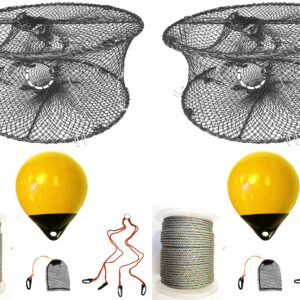 2-Pack of KUFA Sports Foldable Prawn Trap (Stretched Mesh Size:1-3/4") with 400' Rope, Yellow Float, Plastic Vented Bait Cage & Harness Combo (PRN59+PBQH38Y) X2