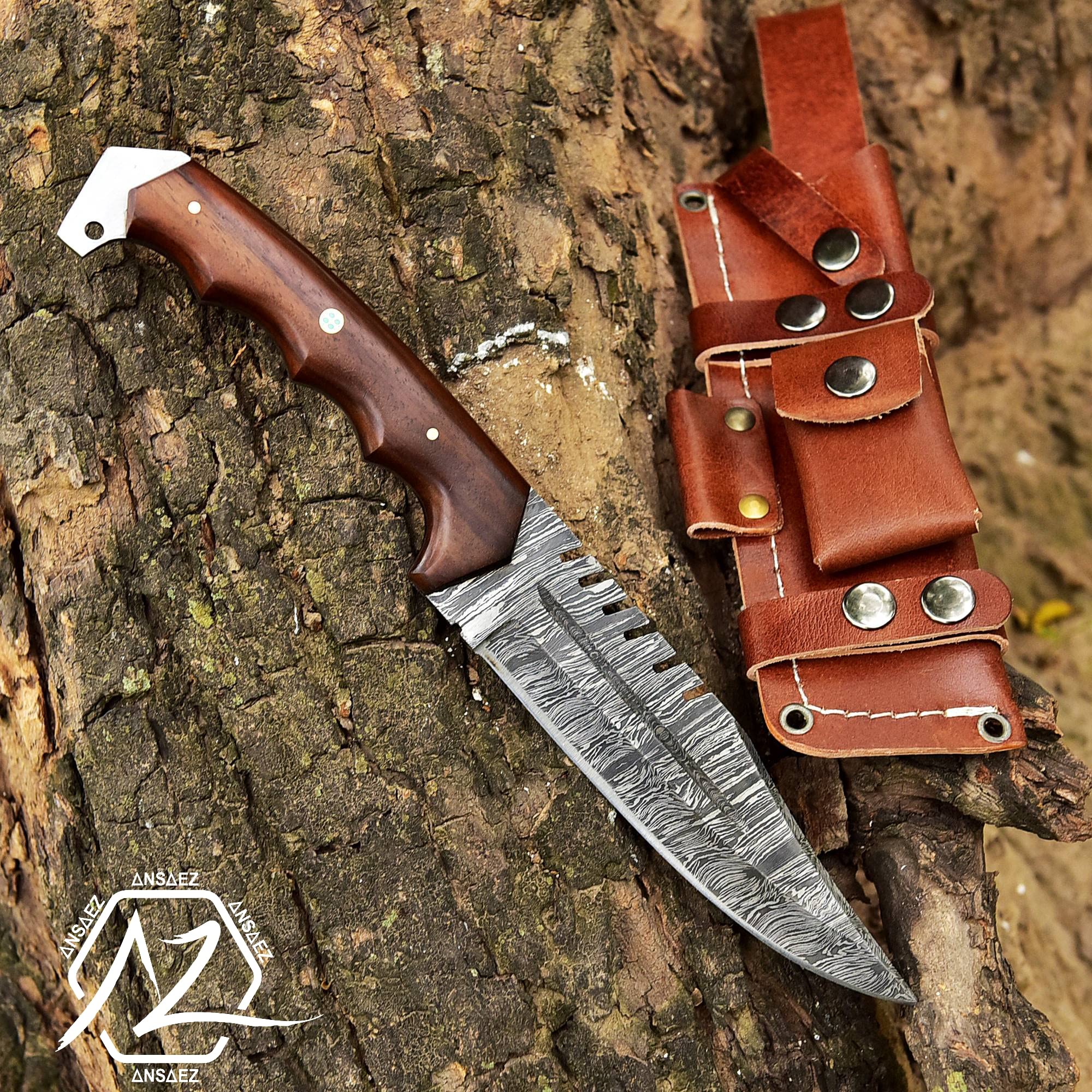 ZEASNA ZE-HK-55 Handmade Damascus Hunting Knife with Leather Sheath for Outdoor Skinning Camping Fixed Blade Bowie Knife with Sheath Razor Sharp Damascus Steel Knives for Men