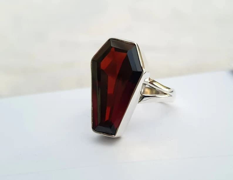 Garnet Coffin Ring, 925 Sterling Silver Ring, Natural Red Stone Ring, Silver Band Ring, Gemstone Ring, Statement Ring, Dainty Ring, Silver Coffin Ring, Jewelry By Anita Jewellers