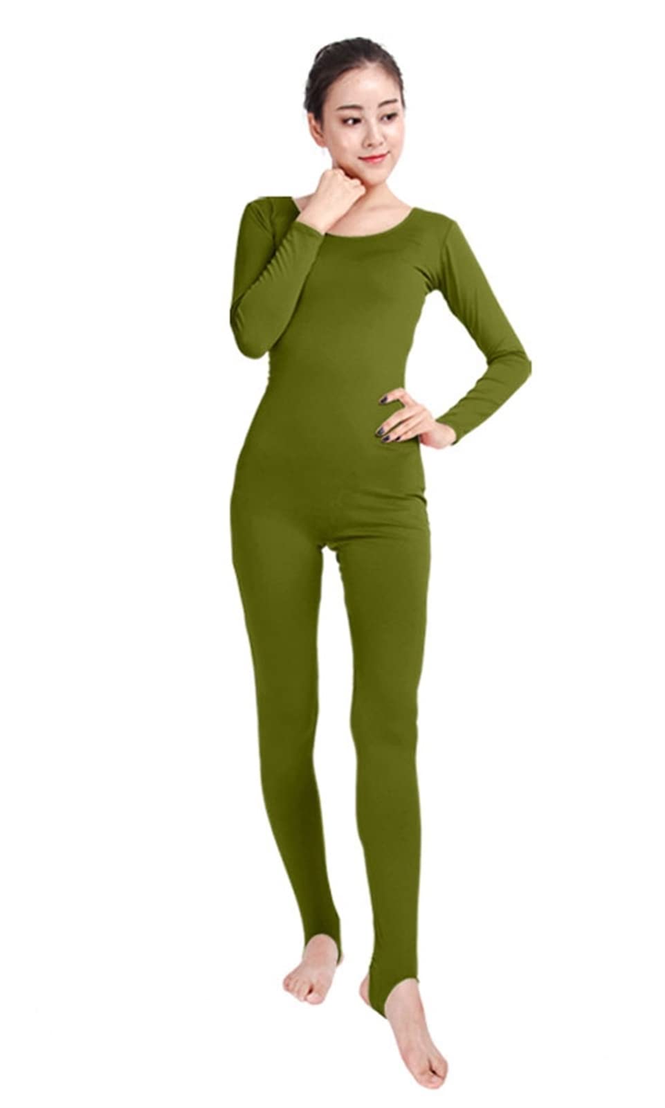 Lifup Unisex Scoop Neck Footless Long Sleeve Spandex Unitard olive green XS